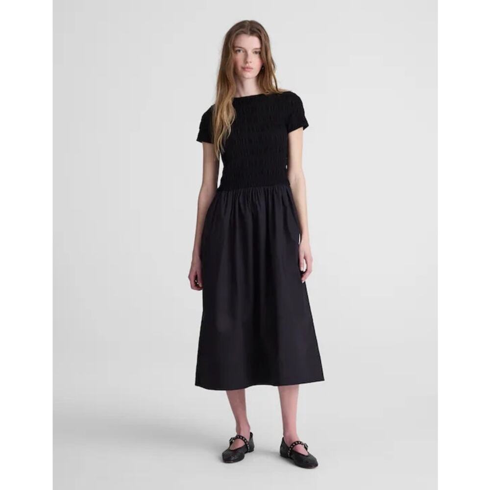 Madewell Smocked Boatneck Midi Dress in Jet Black Size Large